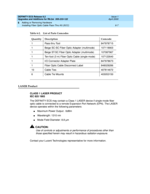 Page 141DEFINITY ECS Release 8.2
Upgrades and Additions for R8.2si  555-233-122  Issue 1
April 2000
Adding or Removing Hardware 
6-7 Installing Fiber Optic Cable Pass-Thru Kit (SCC) 
6
LASER Product
CLASS 1 LASER PRODUCT
IEC 825 1993
The DEFINITY ECS may contain a Class 1 LASER device if single-mode fiber 
optic cable is connected to a remote Expansion Port Network (EPN). The LASER 
device operates within the following parameters:
nMaximum Power Output: -5dBm
nWavelength: 1310 nm
nMode Field Diameter: 8.8 µm...