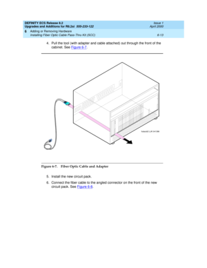 Page 147DEFINITY ECS Release 8.2
Upgrades and Additions for R8.2si  555-233-122  Issue 1
April 2000
Adding or Removing Hardware 
6-13 Installing Fiber Optic Cable Pass-Thru Kit (SCC) 
6
4. Pull the tool (with adapter and cable attached) out through the front of the 
cabinet. See Figure 6-7
.
Figure 6-7. Fiber Optic Cable and Adapter
5. Install the new circuit pack.
6. Connect the fiber cable to the angled connector on the front of the new 
circuit pack. See Figure 6-8
.
fodacbl2 LJK 041398 