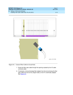 Page 148DEFINITY ECS Release 8.2
Upgrades and Additions for R8.2si  555-233-122  Issue 1
April 2000
Adding or Removing Hardware 
6-14 Installing Fiber Optic Cable Pass-Thru Kit (SCC) 
6
Figure 6-8. Connect Fiber Cable to Circuit Pack
7. Route the fiber optic cable through the opening vacated by the I/O cable 
connector plate.
8. If necessary, remove the beige fiber adapter from the tool and plug the fiber 
optic cable into the SC-SC (single-mode) or SC-ST (multimode) adapter. 
See Figure 6-9
.
scdafo_4 KLC...