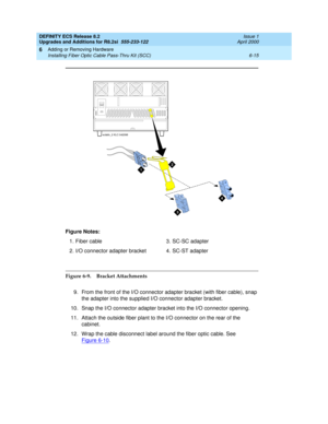 Page 149DEFINITY ECS Release 8.2
Upgrades and Additions for R8.2si  555-233-122  Issue 1
April 2000
Adding or Removing Hardware 
6-15 Installing Fiber Optic Cable Pass-Thru Kit (SCC) 
6
Figure 6-9. Bracket Attachments
9. From the front of the I/O connector adapter bracket (with fiber cable), snap 
the adapter into the supplied I/O connector adapter bracket. 
10. Snap the I/O connector adapter bracket into the I/O connector opening.
11. Attach the outside fiber plant to the I/O connector on the rear of the...