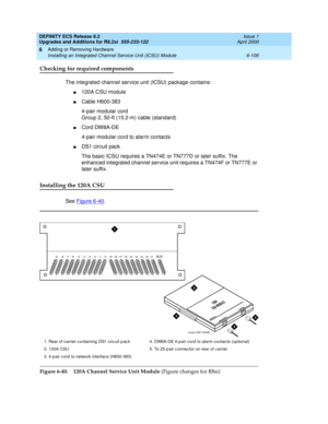 Page 240DEFINITY ECS Release 8.2
Upgrades and Additions for R8.2si  555-233-122  Issue 1
April 2000
Adding or Removing Hardware 
6-106 Installing an Integrated Channel Service Unit (ICSU) Module 
6
Checking for required components
The integrated channel service unit (ICSU) package contains:
n120A CSU module
nCable H600-383
4-pair modular cord
Group 2, 50-ft (15.2-m) cable (standard)
nCord DW8A-DE
4-pair modular cord to alarm contacts
nDS1 circuit pack
The basic ICSU requires a TN474E or TN777D or later suffix....