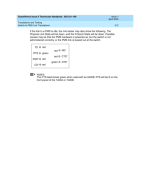 Page 222GuestWorks Issue 6 Technician Handbook  555-231-109  Issue 1
April 2000
Translations and Testing 
212 Switch-to-PMS Link Translations 
If the link to a PMS is idle, the mini-tester may also show the following. The 
Physical Link State will be down, and the Protocol State will be down. Possible 
causes may be that the PMS hardware is powered-up, but the switch is not 
administered correctly, or the PMS link is busied out at the switch.
NOTE:
The CTS lead shows green when used with an 8400B. RTS will be...