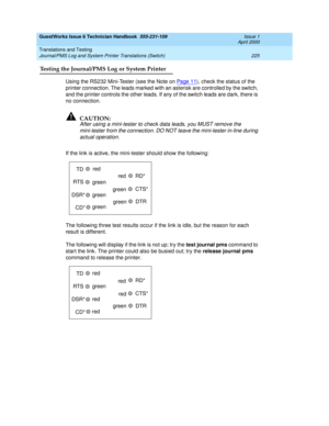 Page 235GuestWorks Issue 6 Technician Handbook  555-231-109  Issue 1
April 2000
Translations and Testing 
225 Journal/PMS Log and System Printer Translations (Switch) 
Testing the Journal/PMS Log or System Printer
Using the RS232 Mini-Tester (see the Note on Pa ge 1 1), check the status of the 
printer connection. The leads marked with an asterisk are controlled by the switch, 
and the printer controls the other leads. If any of the switch leads are dark, there is 
no connection.
!CAUTION:
After using a...