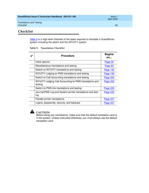 Page 92GuestWorks Issue 6 Technician Handbook  555-231-109  Issue 1
April 2000
Translations and Testing 
82 Checklist 
Checklist
Ta b l e 9 is a high-level checklist of the tasks required to translate a GuestWorks 
system including the switch and the INTUITY system.
!CAUTION:
Before doing any translations, make sure that the default translation card is 
in the system. Unless instructed otherwise, you must always use the default 
translation card.
Table 9. Translation Checklist
4ProcedureBegins 
on...
Initial...