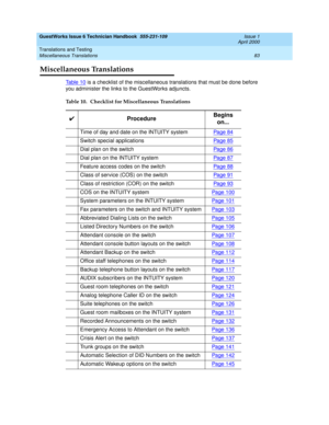 Page 93GuestWorks Issue 6 Technician Handbook  555-231-109  Issue 1
April 2000
Translations and Testing 
83 Miscellaneous Translations 
Miscellaneous Translations
Ta b l e 1 0 is a checklist of the miscellaneous translations that must be done before 
you administer the links to the GuestWorks adjuncts.
Table 10. Checklist for Miscellaneous Translations
4ProcedureBegins 
on...
Time of day and date on the INTUITY system Page 84
Switch special applications Page 85
Dial plan on the switch Page 86
Dial plan on the...