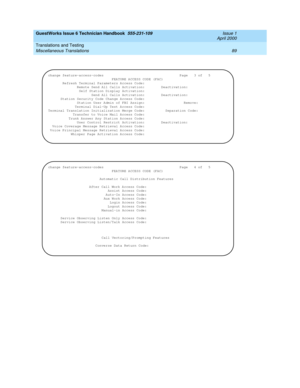 Page 99GuestWorks Issue 6 Technician Handbook  555-231-109  Issue 1
April 2000
Translations and Testing 
89 Miscellaneous Translations 
change feature-access-codes                                     Page   3 of  5
                               FEATURE ACCESS CODE (FAC)
Refresh Terminal Parameters Access Code:
Remote Send All Calls Activation: Deactivation:
Self Station Display Activation:
                     Send All Calls Activation:  Deactivation: 
Station Security Code Change Access Code:
Station User...