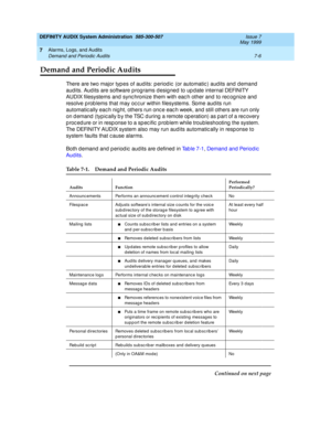 Page 114DEFINITY AUDIX System Administration  585-300-507  Issue 7
May 1999
Alarms, Logs, and Audits 
7-6 Demand and Periodic Audits 
7
Demand and Periodic Audits
There are two major typ es of audits: p eriod ic  (or automatic ) aud its and  d emand  
aud its. Aud its are software prog rams d esig ned  to up d ate internal DEFINITY 
AUDIX filesystems and  sync hronize them with eac h other and  to rec ognize and  
resolve p rob lems that may oc c ur within filesystems. Some aud its run 
automatic ally eac h nig...