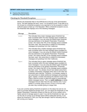 Page 91DEFINITY AUDIX System Administration  585-300-507  Issue 7
May 1999
Ongoing Data Administration 
6-5 Maintaining Filesystem Sizes 
6
Checking for Threshold Exceptions
Monitor the threshold s field  on the STATUS line at the top  of the ad ministrative 
forms. This field d isp lays the word “ none”  if no exc ep tions exist. It may take up  to 
30 minutes for a threshold  exc eption to b e rep orted  or for the exc ep tion to c lear if 
suffic ient spac e is freed  up  in the filesystem. When a threshold...