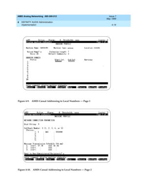 Page 109AMIS Analog Networking  585-300-512  Issue 7
May 1999
DEFINITY AUDIX Administration 
4-19 Implementation 
4
 
Figure 4-9. AMIS Casual Addressing to Local Numbers — Page 1
Figure 4-10. AMIS Casual Addressing to Local Numbers — Page 2 