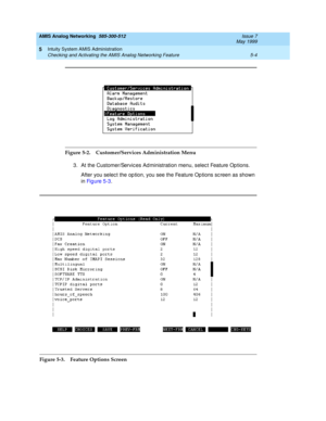 Page 128AMIS Analog Networking  585-300-512  Issue 7
May 1999
Intuity System AMIS Administration 
5-4 Checking and Activating the AMIS Analog Networking Feature 
5
Figure 5-2. Customer/Services Administration Menu
3. At the Customer/Servic es Ad ministration menu, selec t Feature Op tions.
After you selec t the op tion, you see the Feature Op tions sc reen as shown 
in Fi g u re  5 -3.
Figure 5-3. Feature Options Screen 