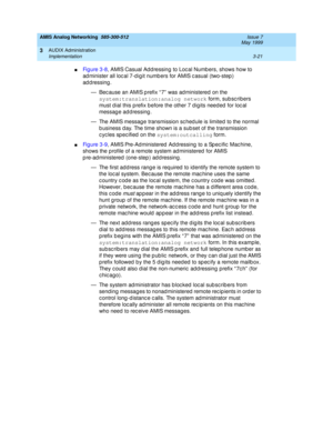 Page 73AMIS Analog Networking  585-300-512  Issue 7
May 1999
AUDIX Administration 
3-21 Implementation 
3
nFi g u re  3 - 8, AMIS Casual Ad d ressing  to Loc al Numb ers, shows how to 
ad minister all loc al 7-d igit numb ers for AMIS c asual (two-step ) 
addressing. 
— Bec ause an AMIS prefix “ 7”  was ad ministered on the 
system:translation:analog network
 form, sub sc ribers 
must d ial this prefix b efore the other 7 d igits need ed  for loc al 
message addressing. 
— The AMIS messag e transmission sc hed...