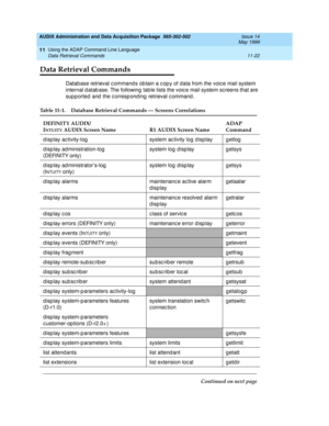 Page 214AUDIX Administration and Data Acquisition Package  585-302-502  Issue 14
May 1999
Using the ADAP Command Line Language 
11-22 Data Retrieval Commands 
11
Data Retrieval Commands
Datab ase retrieval c ommand s ob tain a c op y of data from the voic e mail system 
internal d atab ase. The following  table lists the voic e mail system sc reens that are 
sup p orted and  the c orresp ond ing  retrieval c ommand . 
Table 11-1. Database Retrieval Commands — Screens Correlations 
DEFINITY AUDIX/
I
NTUITY AUDIX...