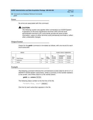 Page 245AUDIX Administration and Data Acquisition Package  585-302-502  Issue 14
May 1999
Command Line Database Retrieval Commands 
12-29 getdir 
12
Errors 
No errors are assoc iated  with this c ommand . 
!CAUTION:
The following c aution only ap p lies when c onnec ted to an AUDIX System: 
If operators on the loc al maintenanc e terminal (LMT) and  the loc al      
ad ministration terminal (LAT) c onc urrently ac c ess the same sc reen 
information, outp ut on either terminal c ould  p rematurely terminate or...