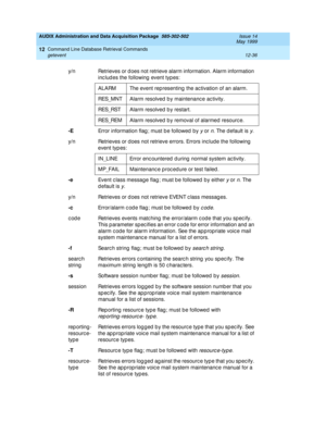 Page 252AUDIX Administration and Data Acquisition Package  585-302-502  Issue 14
May 1999
Command Line Database Retrieval Commands 
12-36 getevent 
12
y/n Retrieves or does not retrieve alarm information. Alarm information 
inc lud es the following  event typ es: 
ALARM The event rep resenting the ac tivation of an alarm.
RES_MNT Alarm resolved  b y maintenanc e ac tivity.
RES_RST Alarm resolved  b y restart.
RES_REM Alarm resolved  b y removal of alarmed  resourc e.
-E
Error information flag ; must b e followed...