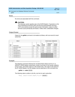 Page 267AUDIX Administration and Data Acquisition Package  585-302-502  Issue 14
May 1999
Command Line Database Retrieval Commands 
12-51 getlist 
12
Errors 
No errors are assoc iated  with this c ommand . 
!CAUTION:
The following  c aution ap p lies only to the AUDIX System: If op erators on the 
loc al maintenanc e terminal (LMT) and the loc al ad ministration terminal 
(LAT) c onc urrently ac c ess the same sc reen information, outp ut on either 
terminal c ould  p rematurely terminate or reflec t other und...