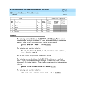 Page 331AUDIX Administration and Data Acquisition Package  585-302-502  Issue 14
May 1999
Command Line Database Retrieval Commands 
12-115 getralar 
12
Example 
The following c ommand retrieves the DEFINITY AUDIX Disp lay Alarms sc reen 
d ata starting  at mid nig ht on Oc tob er 14, 1994, writes a summary of the transfer 
statistic s to the sc reen, and writes outp ut to a file named  ralarms. 
getralar -d 101494 -t 0000 -v > ralarms 
The following data is written to the file:...