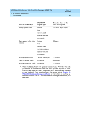 Page 63AUDIX Administration and Data Acquisition Package  585-302-502  Issue 14
May 1999
PC2AUDIX Data Retrieval 
4-3 Prerequisites 
4
 
4. There must b e suffic ient d isk sp ac e availab le on your PC for the that d ata 
you retrieve. PC2AUDIX c alc ulates how muc h sp ac e is req uired  for eac h 
op eration and  does not c ollec t d ata if there is not enoug h sp ac e availab le 
on your fixed  d isk. If you have insuffic ient d isk sp ac e, refer to Chapter 10, 
PC2AUDIX Datab ase Manag ement Tools, for...