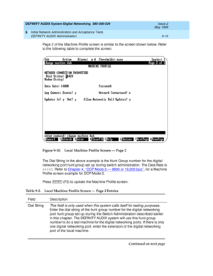 Page 147DEFINITY AUDIX System Digital Networking  585-300-534  Issue 2
May 1999
Initial Network Administration and Acceptance Tests 
9-19 DEFINITY AUDIX Administration 
9
Pag e 2 of the Mac hine Profile sc reen is similar to the sc reen shown b elow. Refer 
to the following  table to c omp lete the sc reen.
Figure 9-10.Local Machine Profile Screen — Page 2
The Dial String  in the ab ove examp le is the Hunt Group  numb er for the d ig ital 
networking  p ort hunt g roup  set up  d uring  switc h ad ministration....