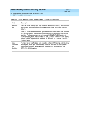 Page 149DEFINITY AUDIX System Digital Networking  585-300-534  Issue 2
May 1999
Initial Network Administration and Acceptance Tests 
9-21 DEFINITY AUDIX Administration 
9
Updates 
OutFor now, leave this field  set to n
 sinc e this will simp lify testing. After testing  
is c omp lete, set this field  to y
 if you want to ac tivate the remote up d ates 
feature. 
En t e r  y
 if sub sc rib er information up dates for loc al sub sc rib ers may b e sent 
to a remote system (the Up d ates Out field  must b e set to...