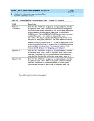 Page 159DEFINITY AUDIX System Digital Networking  585-300-534  Issue 2
May 1999
Initial Network Administration and Acceptance Tests 
9-31 DEFINITY AUDIX Administration 
9
Rep eat this task for eac h remote system. Network 
TurnaroundEn t e r  n
 in this field for the p urp ose of ac c ep tanc e tests. After the 
ac c ep tanc e tests, enter y
 if a network c onnec tion that orig inated 
from this remote system is allowed  to turn around  after the remote 
system has sent all of its network d ata to the loc al...