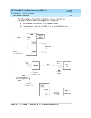 Page 47DEFINITY AUDIX System Digital Networking  585-300-534  Issue 2
May 1999
DCP Mode 2 — 9600 or 19,200 bps 
4-3 DCP Mode 2 Connections 
4
The following fig ure shows a DCP Mod e 2 c onnec tion to pub lic /p rivate 
interloc ation fac ilities with the following  network c onnec tions:
A. throug h a switc h mod em pool to an AUDIX R1 system 
B. throug h a sing le mod em to an AUDIX R1 or an Intuity AUDIX system
Figure 4-2. DCP Mode 2 Connection to AUDIX R1 and Intuity AUDIX
DEFINITY
AUDIX
Analog
port Analog...