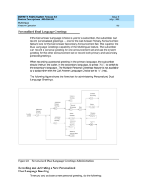 Page 219DEFINITY AUDIX System Release 4.0
Feature Descriptions  585-300-206  Issue 5
May 1999
Multilingual 
199 Feature Operation 
Personalized Dual Language Greetings
If the Call Answer Languag e Choic e is yes for a subscriber, the subscriber can 
rec ord  p ersonalized  g reeting s — one for the Call Answer Primary Announc ement 
Set and  one for the Call Answer Sec ond ary Announc ement Set. This is p art of the 
Dual Lang uage Greetings c ap ab ility of the Multiling ual feature. The sub sc rib er 
c an rec...