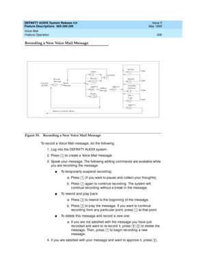 Page 356DEFINITY AUDIX System Release 4.0
Feature Descriptions  585-300-206  Issue 5
May 1999
Voice Mail 
336 Feature Operation 
Recording a New Voice Mail Message
Figure 55. Recording a New Voice Mail Message
To rec ord  a Voic e Mail messag e, d o the following : 
1. Log  into the DEFINITY AUDIX system. 
2. Press   to c reate a Voic e Mail message. 
3. Sp eak your messag e. The following  ed iting  c ommand s are availab le while 
you are rec ord ing  the message: 
nTo temp orarily suspend  record ing : 
a....