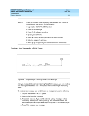 Page 379DEFINITY AUDIX System Release 4.0
Feature Descriptions  585-300-206  Issue 5
May 1999
Voice Mailbox 
359 Feature Operation 
Creating a New Message for a Third Person
Figure 65. Responding to a Message with a New Message
After you have just listened  to an inc oming  Voic e Mail messag e, you c an c reate a 
new messag e and  ad d ress it to a third  p erson without returning  to the Ac tivity 
Menu. 
To c reate a new messag e and  send  it to one or more p ersons, d o the following : 
1. Log  into the...