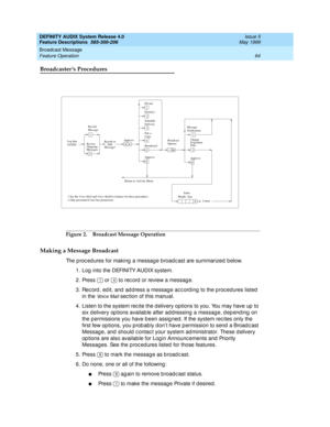 Page 84DEFINITY AUDIX System Release 4.0
Feature Descriptions  585-300-206  Issue 5
May 1999
Broadcast Message 
64 Feature Operation 
Broadcaster ’s Procedures
Figure 2. Broadcast Message Operation
Making a Message Broadcast
The p roc ed ures for making  a messag e b road c ast are summarized below. 
1. Log  into the DEFINITY AUDIX system. 
2. Press   or   to rec ord  or review a messag e. 
3. Rec ord , ed it, and  ad d ress a messag e ac c ord ing  to the p roc edures listed  
in the 
Vo i c e  M a i l sec...