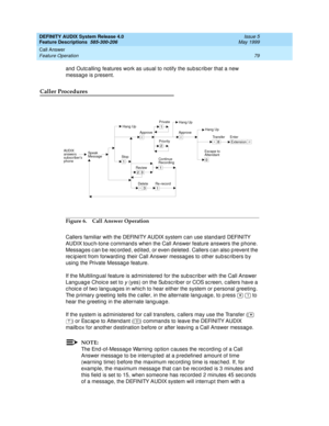 Page 99DEFINITY AUDIX System Release 4.0
Feature Descriptions  585-300-206  Issue 5
May 1999
Call Answer 
79 Feature Operation 
and  Outc alling  features work as usual to notify the sub sc rib er that a new 
messag e is p resent. 
Caller Procedures
Figure 6. Call Answer Operation
Callers familiar with the DEFINITY AUDIX system c an use stand ard  DEFINITY 
AUDIX touc h-tone c ommand s when the Call Answer feature answers the phone. 
Messag es c an b e rec ord ed , ed ited , or even d eleted . Callers c an also...