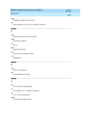 Page 194DEFINITY AUDIX System Maintenance  585-300-121  Issue 1
May 1999
Abbreviations 
ABB-8  
SMSI
simp lified  messag e servic e interfac e
SW
switch integration (Lucent I
NTUITY software c omponent)
T
TDD
telec ommunic ations d evic e for the deaf
TDM
time d ivision multip lex
T/R
tip /ring
TRIP
tip/ring input process
TSC
Luc ent’s Technic al Servic es Center
TTY
teletyp ewriter
U
UCD
uniform call d istrib ution
UPS
uninterruptible power supply 
V
VM
I
NTUITY AUDIX Voic e Messag ing
VP
voic e platform (I...