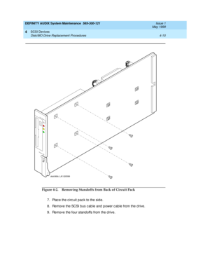 Page 72DEFINITY AUDIX System Maintenance  585-300-121  Issue 1
May 1999
SCSI Devices 
4-10 Disk/MO Drive Replacement Procedures 
4
Figure 4-2. Removing Standoffs from Back of Circuit Pack
7. Plac e the c irc uit p ac k to the sid e.
8. Remove the SCSI bus c ab le and  p ower c ab le from the d rive.
9. Remove the four stand offs from the d rive.
E
m
e
r R
e
s
e
t
S
h
u
td
ow
n
ckdx568c LJK 020599 