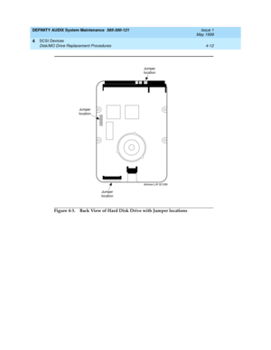 Page 74DEFINITY AUDIX System Maintenance  585-300-121  Issue 1
May 1999
SCSI Devices 
4-12 Disk/MO Drive Replacement Procedures 
4
Figure 4-3. Back View of Hard Disk Drive with Jumper locations
drdxsea LJK 021299
Jumper
location
Jumper
location
Jumper
location 