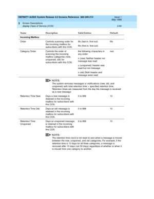 Page 102DEFINITY AUDIX System Release 4.0 Screens Reference  585-300-213  Issue 1
May 1999
Screen Descriptions 
3-50 display Class of Service (COS) 
3
Incoming Mailbox
Ord er Controls scanning  order for 
the incoming mailb ox for 
subscrib ers with this COS.lifo (last-in, first-out)
fifo (first-in, first-out)fifo
Categ ory Ord er Controls the ord er of 
sc anning  the inc oming  
mailb ox c ateg ories (new, 
unopened, old) for 
subscrib ers with this COS.the following  charac ters in 
any order:
n (new) Neither...