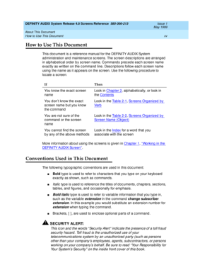 Page 15DEFINITY AUDIX System Release 4.0 Screens Reference  585-300-213  Issue 1
May 1999
About This Document 
xv How to Use This Document 
How to Use This Document
This d oc ument is a referenc e manual for the DEFINITY AUDIX System 
ad ministration and maintenanc e sc reens. The sc reen d esc rip tions are arrang ed  
in alphab etic al ord er b y sc reen name. Command s p rec ed e eac h sc reen name 
exac tly as written on the c ommand  line. Desc rip tions follow eac h sc reen name 
using the name as it ap p...