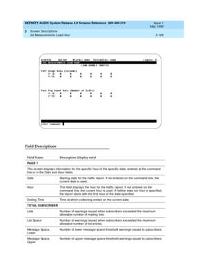 Page 161DEFINITY AUDIX System Release 4.0 Screens Reference  585-300-213  Issue 1
May 1999
Screen Descriptions 
3-109 list Measurements Load Hour 
3
Field Descriptions
Field Name Description (display only)
PA G E  1
This sc reen d isp lays information for the sp ecific  hour of the sp ecific  date, entered  at the c ommand  
line or in the Date and  Hour field s.
Date Starting  d ate for the traffic  rep ort. If not entered  on the c ommand  line, the 
c urrent date is used . 
Hour This field  d isp lays the...