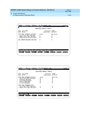 Page 181DEFINITY AUDIX System Release 4.0 Screens Reference  585-300-213  Issue 1
May 1999
Screen Descriptions 
3-129 list Measurements Subscriber Month 
3 