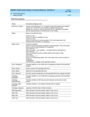 Page 189DEFINITY AUDIX System Release 4.0 Screens Reference  585-300-213  Issue 1
May 1999
Screen Descriptions 
3-137 status MO-Disk 
3
Field Descriptions 
Name Description (display only)
MO Drive Loc ation Loc ation of the MO d rive in a 7 c harac ter string  that ind ic ates p ort network, 
c arrier, slot, and  SCSI ID. For examp le, 01a0202 ind icates port 
network= 01, c arrier= a, slot= 02, and  SCSI ID= 02. This field  is p opulated  
with the d efault location of the MO d rive on the TN568.
Status Status...