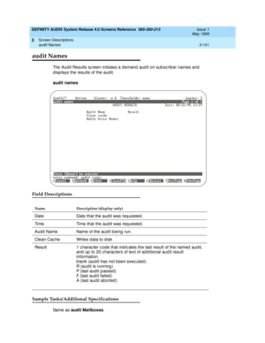 Page 193DEFINITY AUDIX System Release 4.0 Screens Reference  585-300-213  Issue 1
May 1999
Screen Descriptions 
3-141 audit Names 
3
3audit Names
The Aud it Results sc reen initiates a d emand  aud it on sub sc rib er names and  
d isp lays the results of the aud it.
audit names
Field Descriptions
Sample Tasks/Additional Specifications
Sa m e  a s  audit Mailboxes
. 
Name Description (display only)
Date Date that the audit was requested .
Time Time that the aud it was req uested .
Aud it Name Name of the aud it...