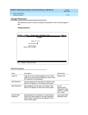 Page 203DEFINITY AUDIX System Release 4.0 Screens Reference  585-300-213  Issue 1
May 1999
Screen Descriptions 
3-151 change Password 
3
change Password
The Password  sc reen is used  to c hang e the p assword  of the c urrently log g ed  in 
user.
change password 
Field Descriptions
Name Description Valid Entries
Log in ID Log in ID of the c urrently log g ed -in user. (If the 
Log in ID is more than 20 c harac ters, only the first 
20 c harac ters are d isp layed .)Disp lay only
Old  Password Current p assword...