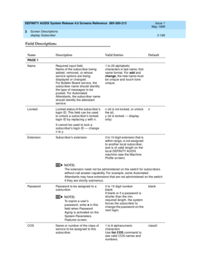 Page 218DEFINITY AUDIX System Release 4.0 Screens Reference  585-300-213  Issue 1
May 1999
Screen Descriptions 
3-166 display Subscriber 
3
Field Descriptions
Name Description Valid Entries Default
PA G E  1
Name Req uired input field .
Name of the sub scrib er b eing 
added, removed, or whose 
servic e op tions are b eing  
displayed or changed.
For Bulletin Board  service, the 
subscrib er name should  id entify 
the type of messag es to be 
p osted . For Automated  
Attend ants, the subsc rib er name 
should...