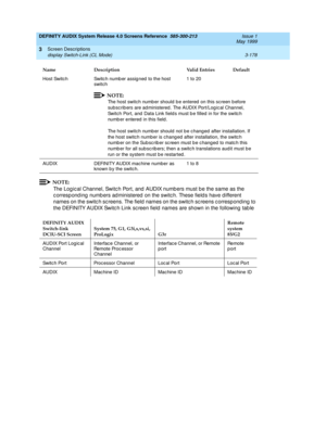 Page 230DEFINITY AUDIX System Release 4.0 Screens Reference  585-300-213  Issue 1
May 1999
Screen Descriptions 
3-178 display Switch-Link (CL Mode) 
3
NOTE:
The Log ic al Channel, Switc h Port, and  AUDIX numb ers must b e the same as the 
c orresp ond ing  numb ers ad ministered  on the switc h. These field s have different 
names on the switc h sc reens. The field names on the switc h sc reens c orrespond ing  to 
the DEFINITY AUDIX Switc h Link sc reen field names are shown in the following  tab le
Host...