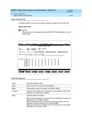 Page 234DEFINITY AUDIX System Release 4.0 Screens Reference  585-300-213  Issue 1
May 1999
Screen Descriptions 
3-182 display Switch-Link (DS Mode) 
3
status Switch-Link
The Status Switc h Link sc reen is used  to d isp lay the status of the switc h link. 
status switch link 
NOTE:
This sc reen c an b e ac tivated  while the DEFINITY AUDIX System is in the 
OA&M state. 
Field Descriptions 
Name Description (display only)
Typ e Typ e of switc h link c urrently ad ministered
Baud Transmission rate for the switc h...