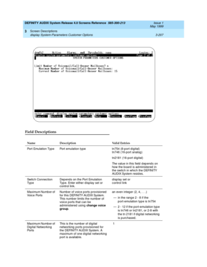 Page 259DEFINITY AUDIX System Release 4.0 Screens Reference  585-300-213  Issue 1
May 1999
Screen Descriptions 
3-207 display System-Parameters Customer Options 
3
Field Descriptions
Name Description Valid Entries
Port Emulation Typ e Port emulation type tn754 (8-p ort d igital)
tn746 (16-p ort analog )
tn2181 (16-port dig ital)
The value in this field  d ep end s on 
how the board is ad ministered  in 
the switc h in whic h the DEFINITY 
AUDIX System resid es.
Switc h Connection 
Ty p eDepends on the Port...