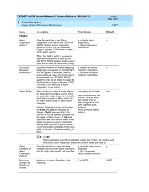 Page 279DEFINITY AUDIX System Release 4.0 Screens Reference  585-300-213  Issue 1
May 1999
Screen Descriptions 
3-227 display System Parameters Maintenance 
3
PAGE 2 
Alarm 
Origination 
Active?Sp ec ifies whether or not Alarm 
Orig ination is active on this DEFINITY 
AUDIX System. Alarm Orig ination 
allows AUDIX to call an Operation 
Supp ort System (OSS) when a major or 
minor alarm oc curs.
When this field is set to n, no Alarms 
Resolved notific ation is sent b y the 
DEFINITY AUDIX System, and  no alarm 
c...