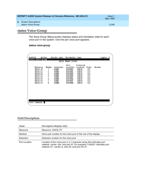 Page 298DEFINITY AUDIX System Release 4.0 Screens Reference  585-300-213  Issue 1
May 1999
Screen Descriptions 
3-246 status Voice-Group 
3
status Voice-Group
The Voice Group Status sc reen d isp lays status and translation d ata for eac h 
voic e p ort in the system. One line p er voic e p ort ap p ears. 
status voice-group
Field Descriptions
Name Description (display only)
Res ou rc e Res o urc e ,  VO I C E_PT 
Memb er Voic e p ort number for the voice p ort of this row of the d isp lay
Extension Extension...