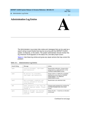 Page 303Administration Log Entries 
A-1  
A
DEFINITY AUDIX System Release 4.0 Screens Reference  585-300-213  Issue 1
May 1999
A
Administration Log Entries
The Ad ministration Log  sc reen lists c od es and  messag es that c an be used  as a 
searc h string  to sp ot troub le that may b e oc c urring with the DEFINITY AUDIX 
system, its features, or the switc h. The system ad ministrator should  monitor this 
log whenever the A
 ap p ears on the status line, and  take prop er ac tion.
Ta b l e  A - 1
 lists...