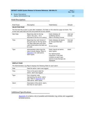 Page 60DEFINITY AUDIX System Release 4.0 Screens Reference  585-300-213  Issue 1
May 1999
Screen Descriptions 
3-8 display Administration-Log 
3
Field Descriptions 
Additional Specifications
Appendix A c ontains a list of p ossib le ad ministration log  entries and  sug g ested  
remed ial ac tions. 
Field Name Description Valid Entries Default
SELECTION PAGE 
The first time this sc reen is used  after installation, the field s on the selec tion p age are b lank. This 
sc reen-last-used  d ate and  time are p...