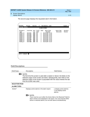 Page 67DEFINITY AUDIX System Release 4.0 Screens Reference  585-300-213  Issue 1
May 1999
Screen Descriptions 
3-15 display Alarms 
3
The sec ond  p ag e d isp lays the req uested alarm information.
Field Descriptions 
Field Name Description Valid Entries
NOTE:
The first time this sc reen is used after a restart or reb oot, the field s on the 
selec tion pag e of the sc reen are b lank. Sub seq uently, eac h field on the 
selec tion pag e of the sc reen is p op ulated  with the value entered the last 
time the...