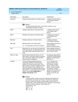 Page 68DEFINITY AUDIX System Release 4.0 Screens Reference  585-300-213  Issue 1
May 1999
Screen Descriptions 
3-16 display Alarms 
3
Resolved ?  Disp lays resolved  alarms in the alarm rep ort.  y (d isplay resolved  alarms)
n (not d isp lay resolved  
alarms)
NOTE:
You may req uest major alarm, minor alarm, warning , or any 
comb ination of these for a report.
Major? Disp lays major alarms in the alarm rep ort.  y (d isplay major alarms)
n (not d isp lay major 
alarms) 
Minor? Disp lays minor alarms in the...